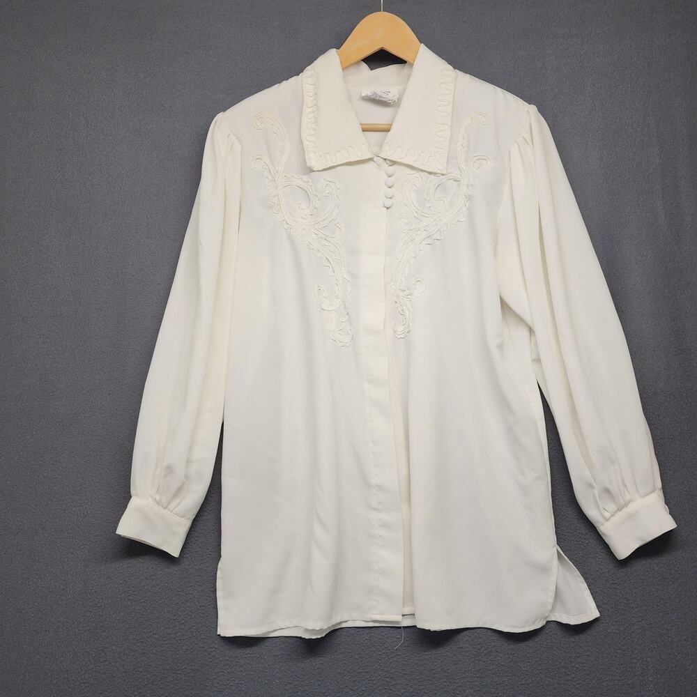 Vintage Tess Petite Shirt Womens Large Ivory Embroidered Button Front Blouse 80s